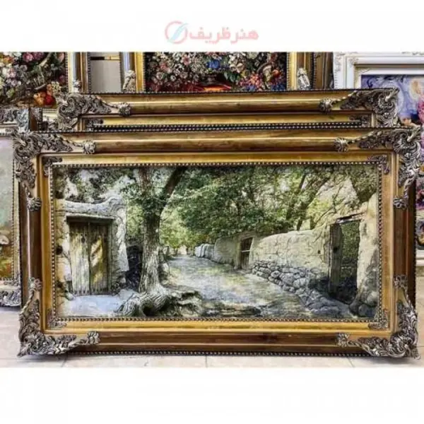 تابلو فرش دستبافت، کوچه باغ چله ابریشم پر از ابریشم 50 رج، قاب چوبی درجه یک - 2