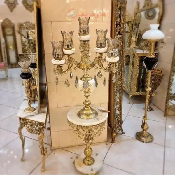 کنار سالنی رومیزی ترکیب سرامیک و برنز 7 لامپ - 3