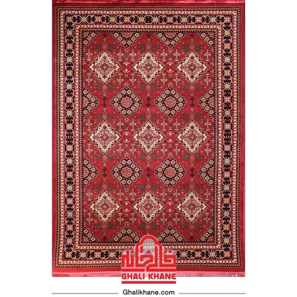 فرش ماشینی 700 شانه فرش هیوا زمینه قرمز لاکی حاشیه سرمه ای مدل اناری - 2