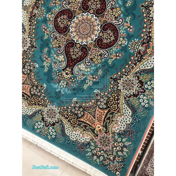 فرش نگین مشهد 700 شانه آبی فیروزه ای طرح 2592 - 6
