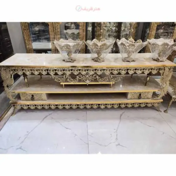 میز تلویزیون طرح طاووس برنزی، گل رز دارای دو کشو، طرح سنگ، مناسب تی وی 70 اینچ کد honar40 - 2