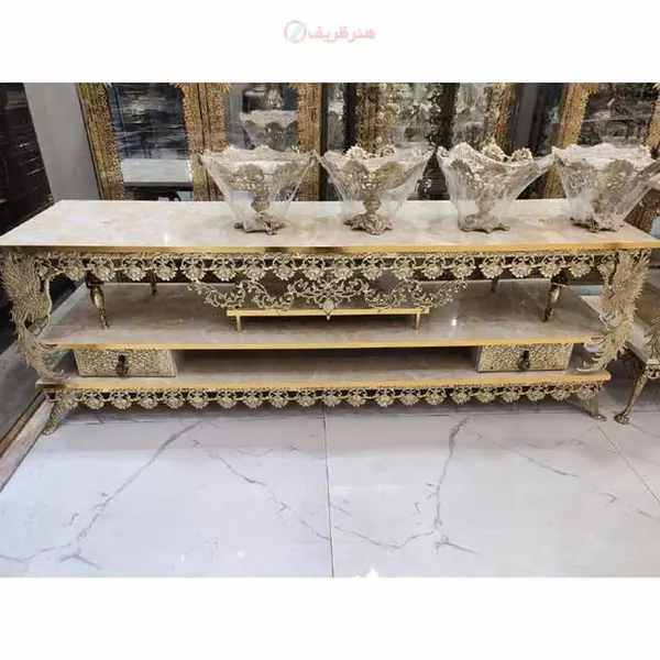میز تلویزیون طرح طاووس برنزی، گل رز دارای دو کشو، طرح سنگ، مناسب تی وی 70 اینچ کد honar40 - 3