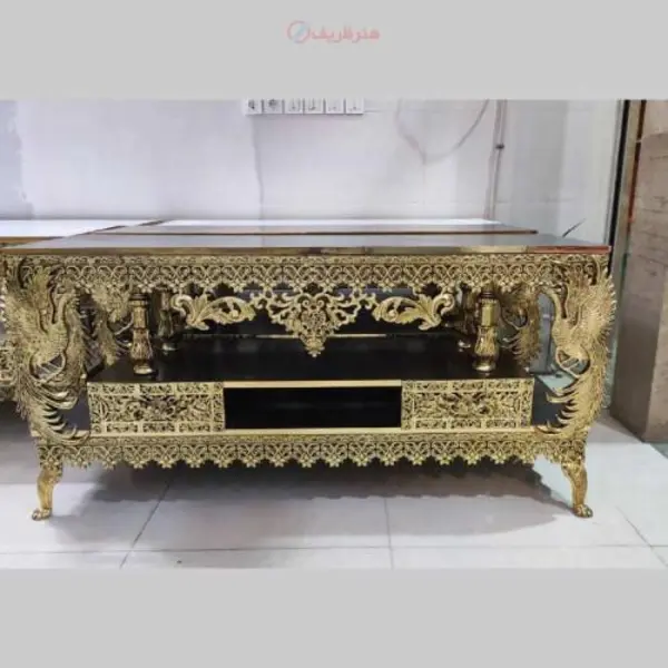 میز تلویزیون طرح طاووس تاجدار کشو بغل آبکاری برنج کد honar731 - 2