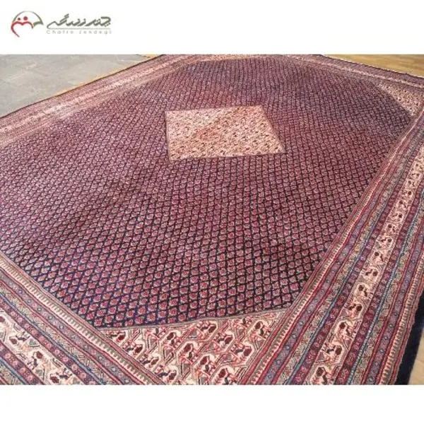 فرش دستباف ساروق میر طرح بته ترنج سایز قالی رنگ زمینه سرمه ای رنگ حاشیه کرم کد ۳۹۲۶۵ - 2