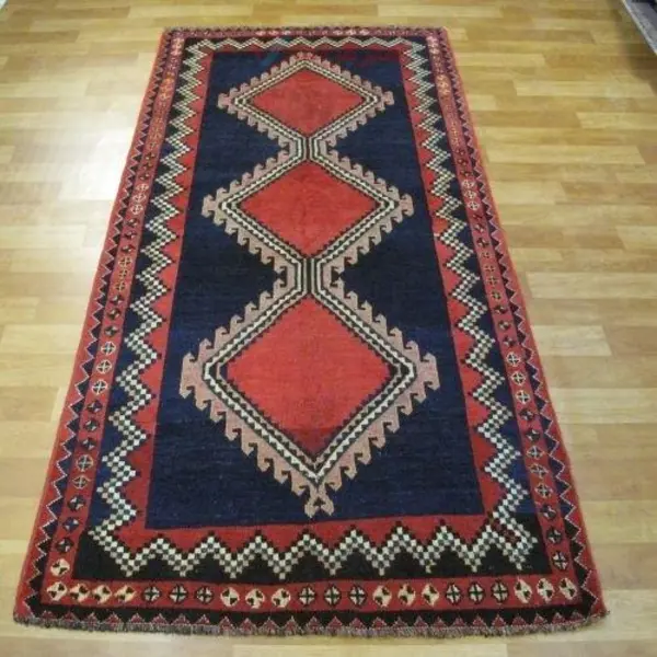 فرش دستباف آنتیک لری بهبهان طرح ۳ ترنج سایز قالیچه رنگ زمینه سرمه ای رنگ حاشیه لاکی کد ۳۹۸۵۹ - 2