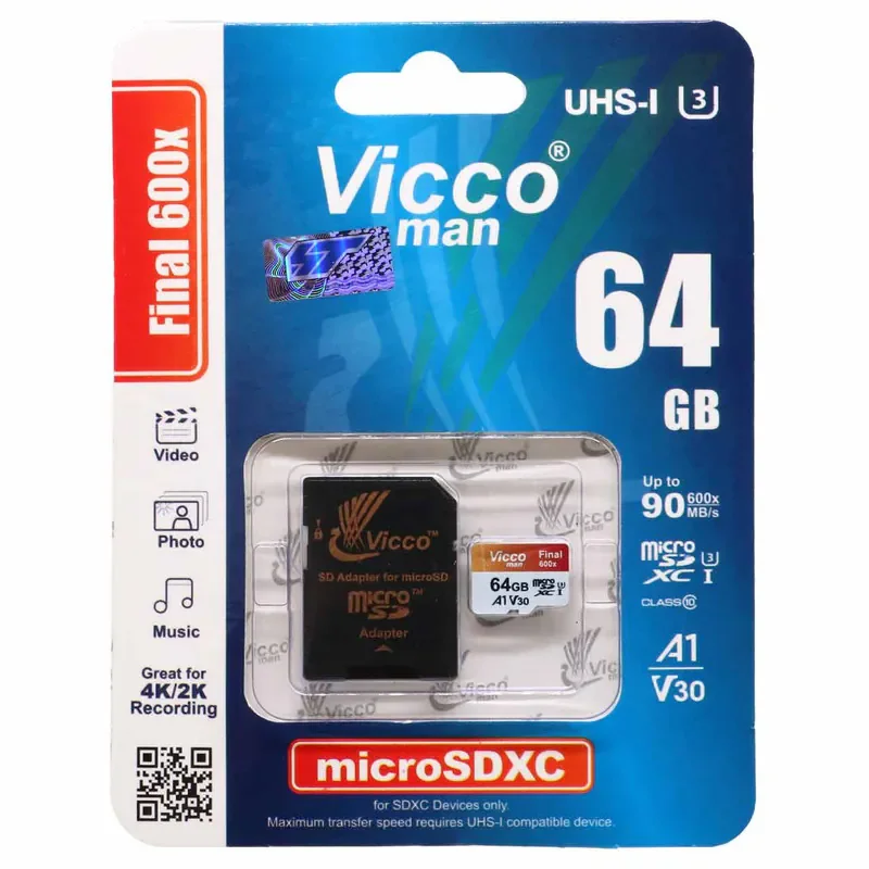 کارت حافظه microSDXC ویکومن مدل 600x plus کلاس 10 استاندارد UHS-I U3 A1 V30 سرعت 90MBs ظرفیت 64 گیگابایت