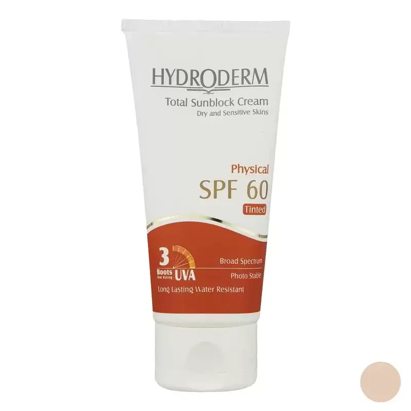 کرم ضد آفتاب رنگی هیدرودرم SPF60 مدل Physical Tinted ‌مناسب پوست‌های حساس حجم 50 میلی‌ لیتر
